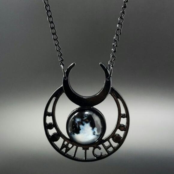Glow In Dark Witch Black Moon & Earth Necklace - Picture 1 of 4